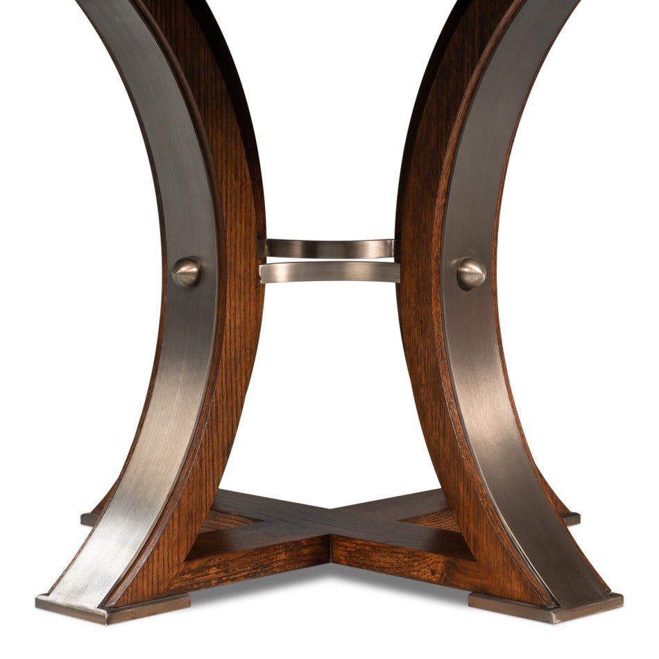 Transitional Round Jupe Dining Table, Medium – Warm Brown Oak with Hammered Iron Accents - additional view