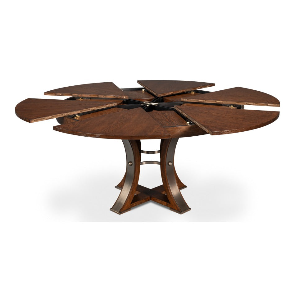 Transitional Round Jupe Dining Table, Medium – Warm Brown Oak with Hammered Iron Accents - additional view