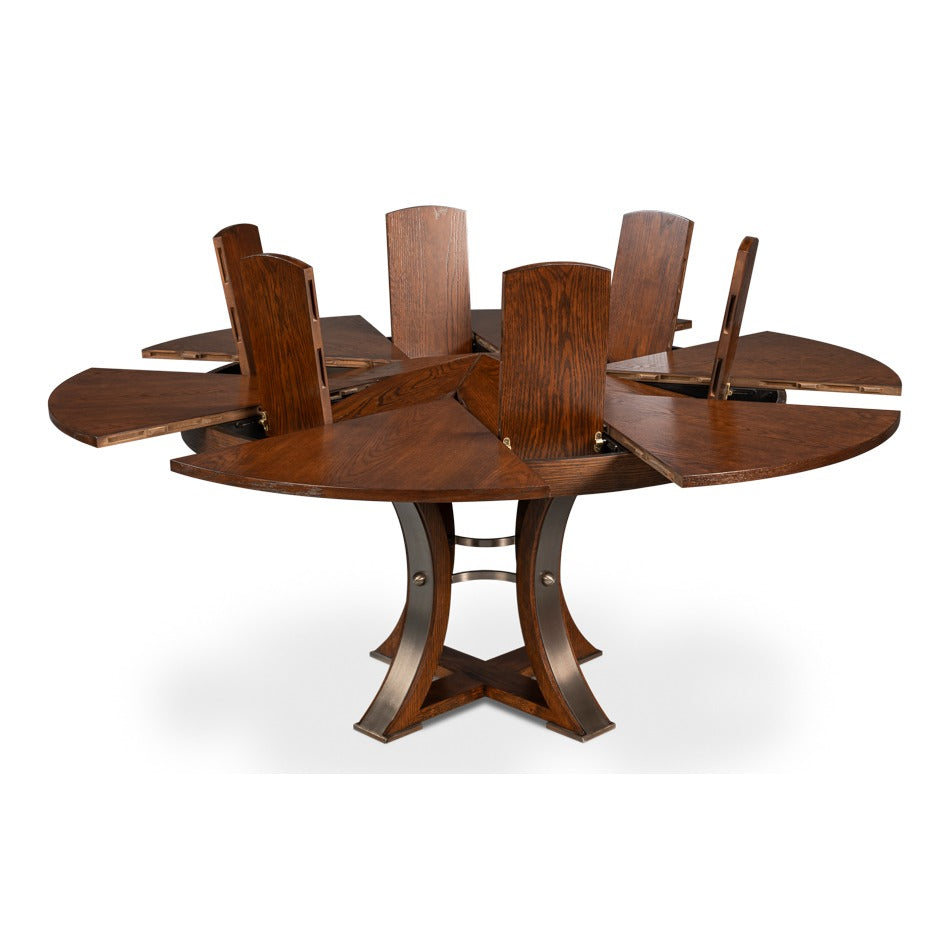 Transitional Round Jupe Dining Table, Medium – Warm Brown Oak with Hammered Iron Accents - additional view