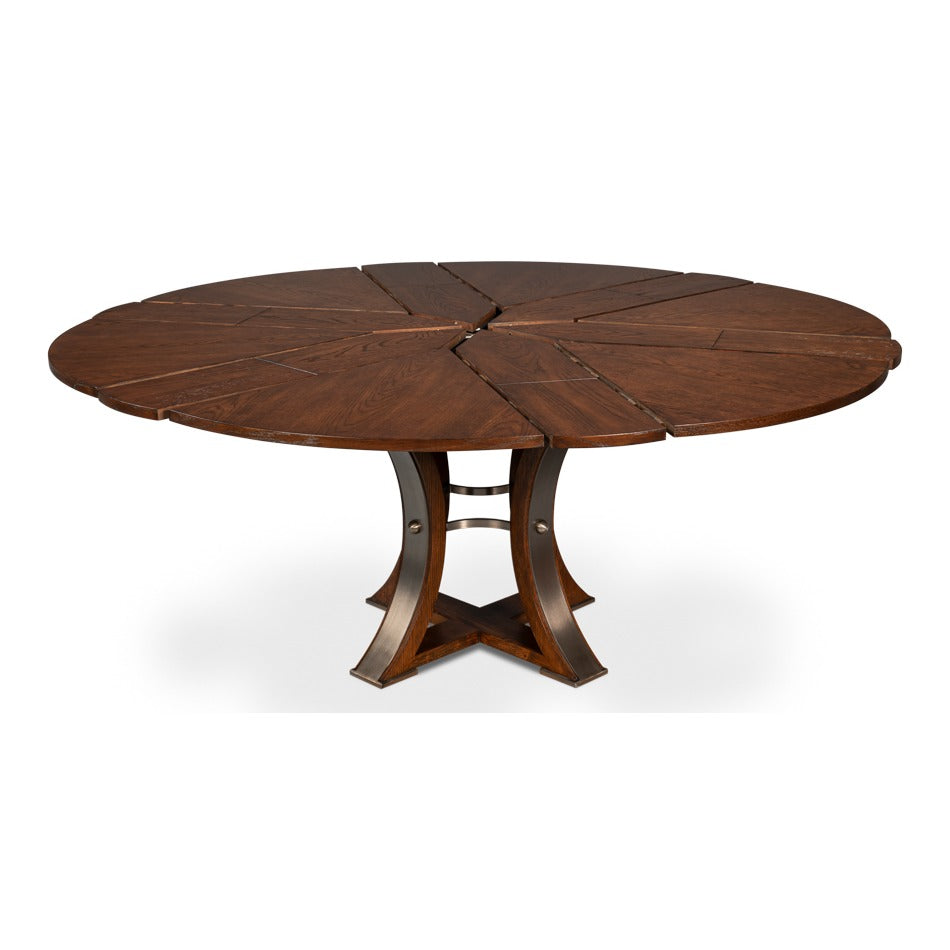 Transitional Round Jupe Dining Table, Medium – Warm Brown Oak with Hammered Iron Accents - additional view