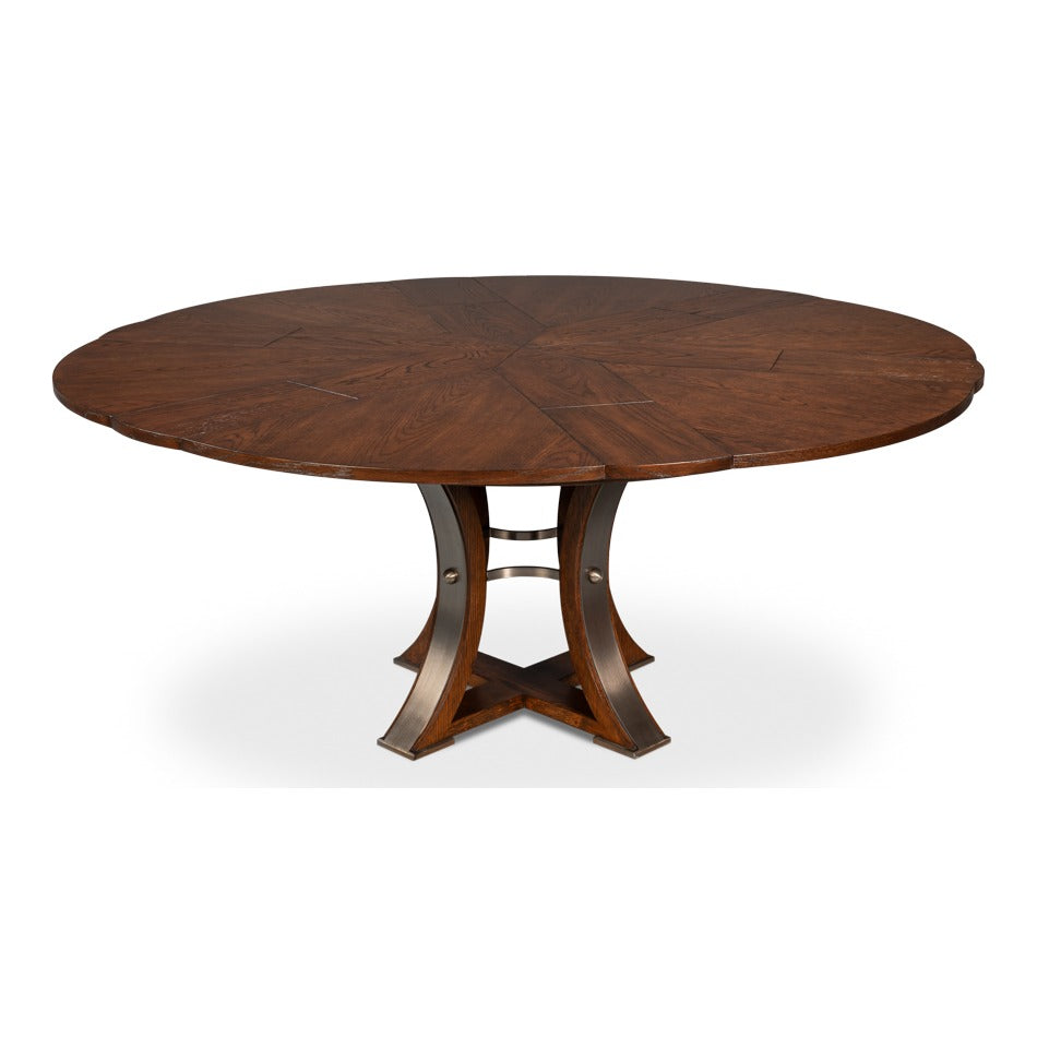 Transitional Round Jupe Dining Table, Medium – Warm Brown Oak with Hammered Iron Accents - additional view