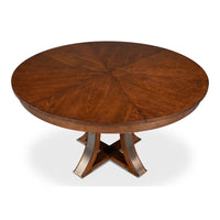 Transitional Round Jupe Dining Table, Medium – Warm Brown Oak with Hammered Iron Accents - additional view