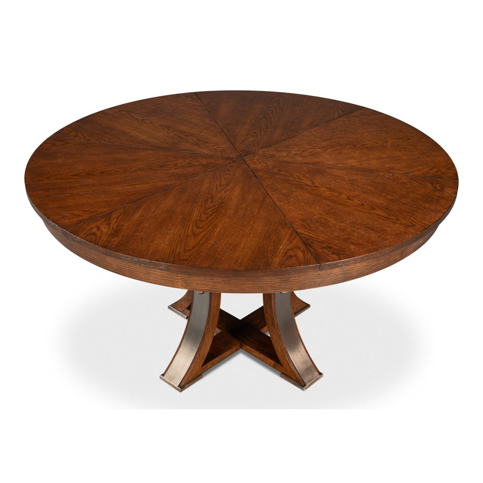 Transitional Round Jupe Dining Table, Medium – Warm Brown Oak with Hammered Iron Accents - additional view
