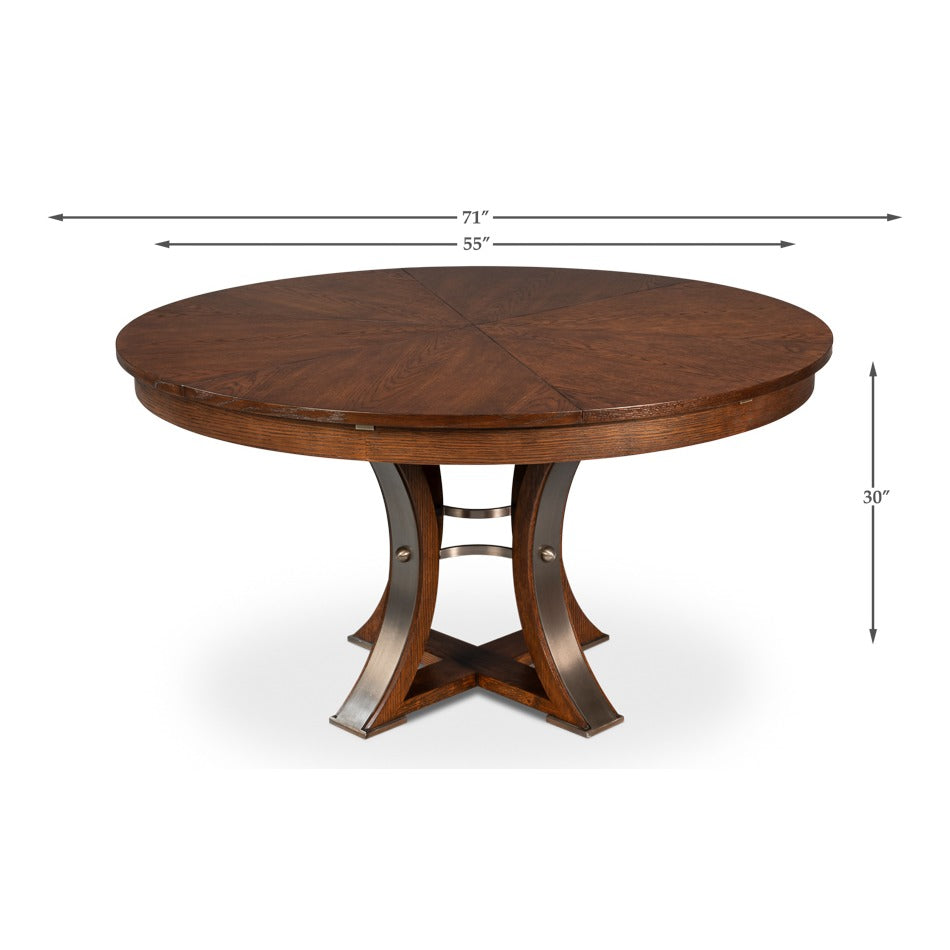 Transitional Round Jupe Dining Table, Medium – Warm Brown Oak with Hammered Iron Accents - dimension drawing