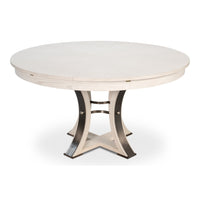 Transitional Round Jupe Dining Table, Medium – White Oak with Iron Pedestal – styled view