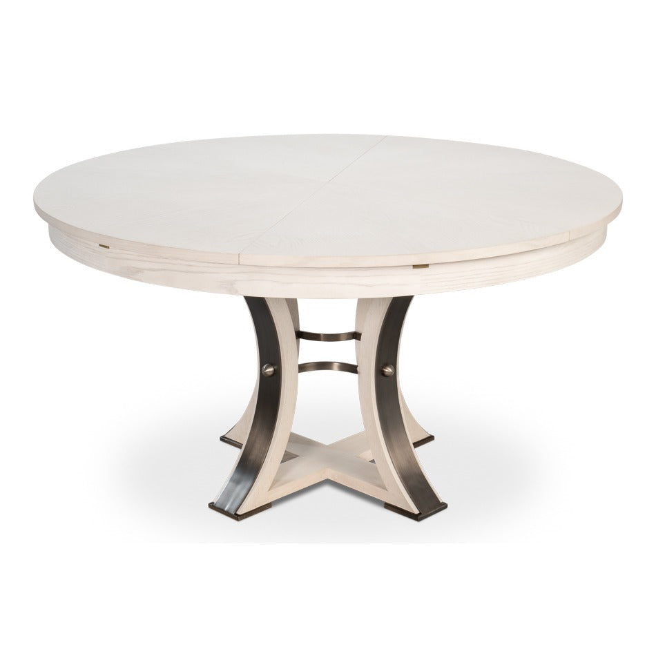 Transitional Round Jupe Dining Table, Medium – White Oak with Iron Pedestal – styled view