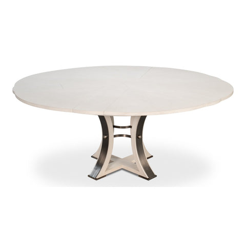 Transitional Round Jupe Dining Table, Medium – White Oak with Iron Pedestal