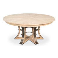 Transitional Round Jupe Dining Table, Large – Bleached Oak with Hammered Iron Base – styled view