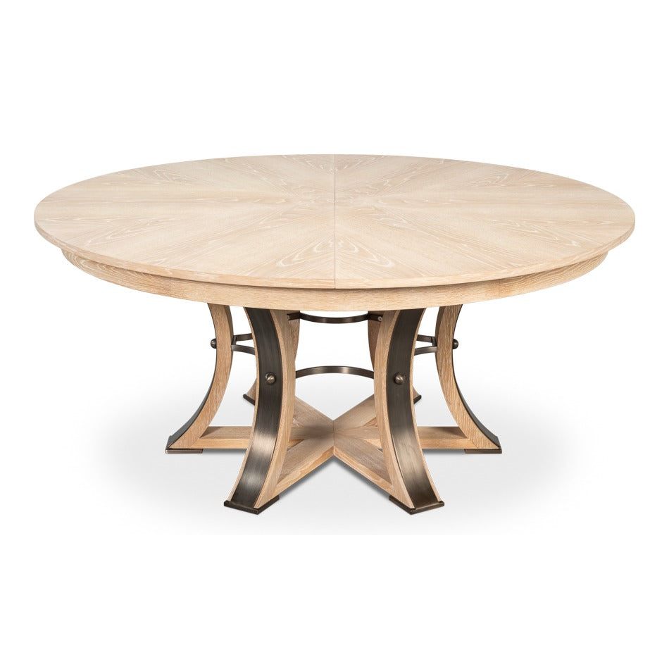 Transitional Round Jupe Dining Table, Large – Bleached Oak with Hammered Iron Base – styled view
