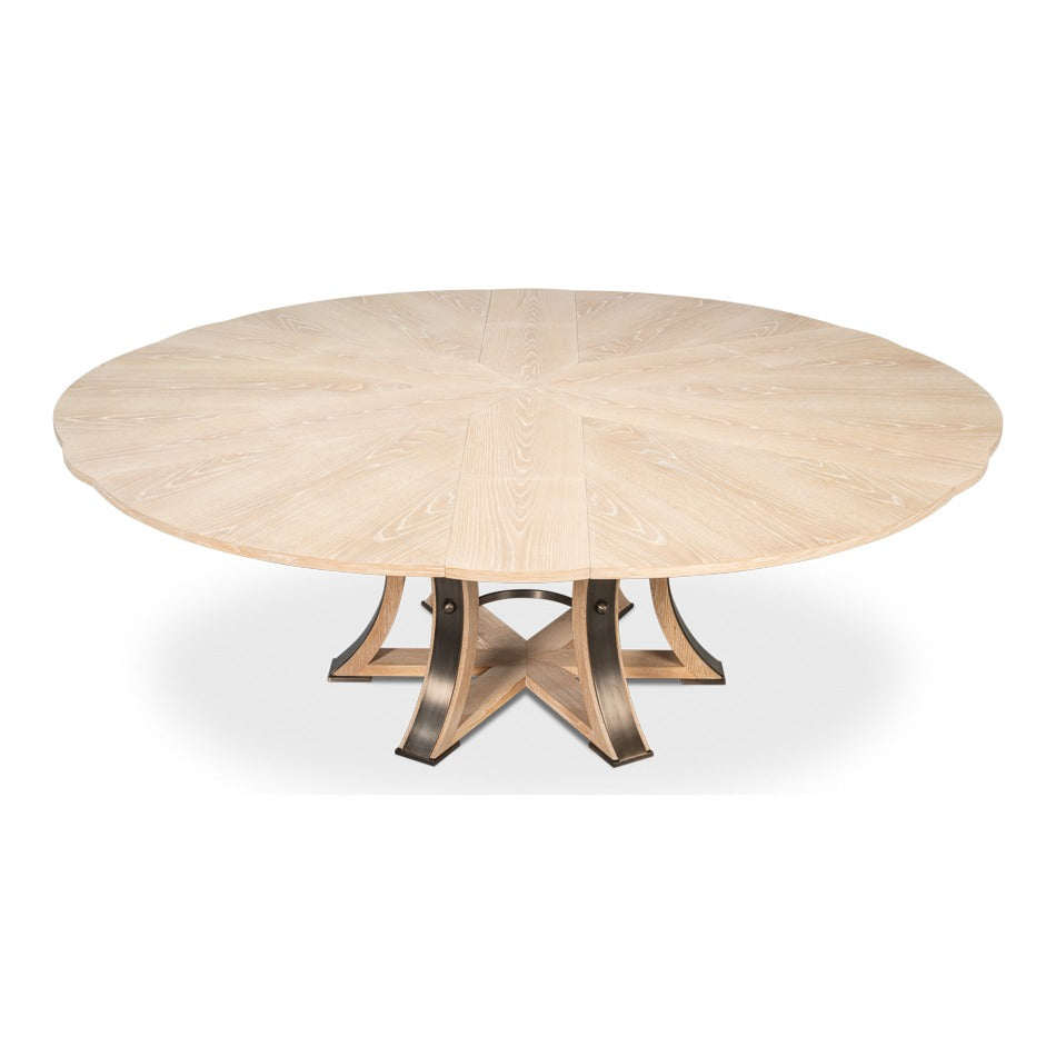 Transitional Round Jupe Dining Table, Large – Bleached Oak with Hammered Iron Base - additional view