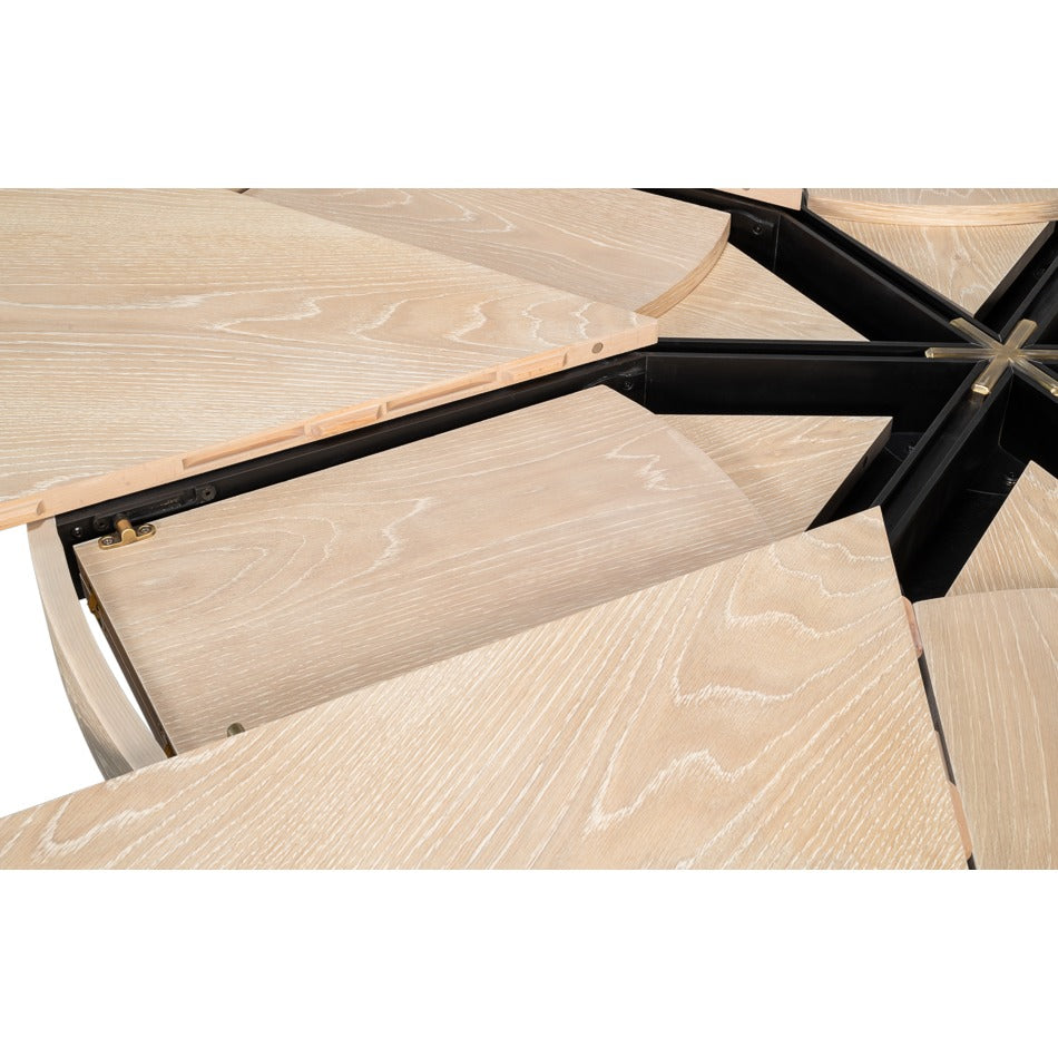 Transitional Round Jupe Dining Table, Large – Bleached Oak with Hammered Iron Base - additional view