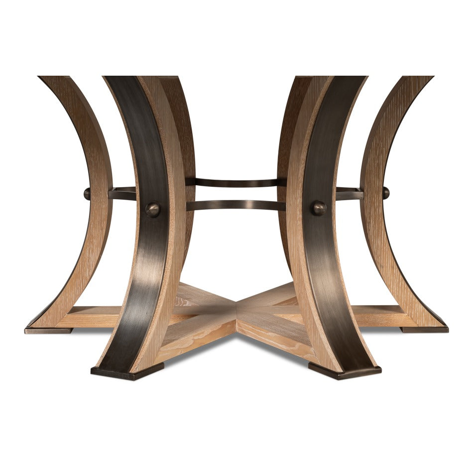 Transitional Round Jupe Dining Table, Large – Bleached Oak with Hammered Iron Base - additional view