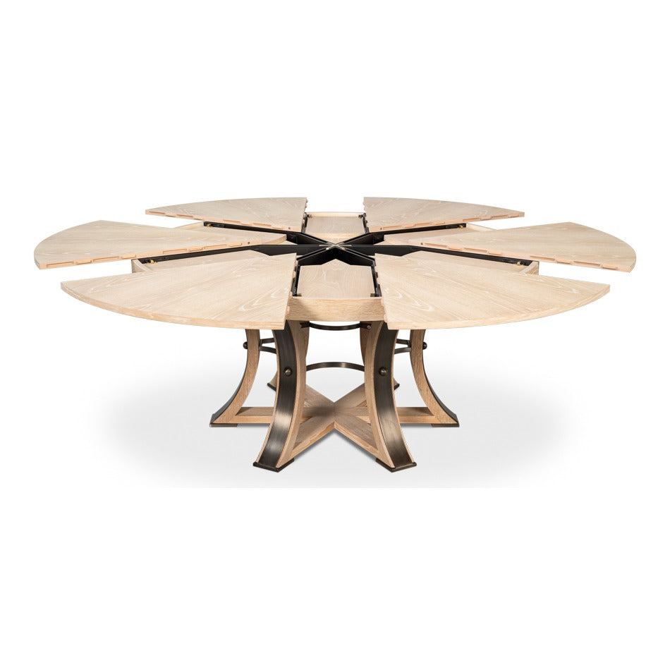 Transitional Round Jupe Dining Table, Large – Bleached Oak with Hammered Iron Base - additional view