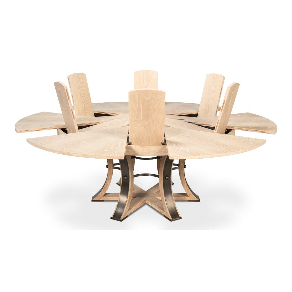 Transitional Round Jupe Dining Table, Large – Bleached Oak with Hammered Iron Base - additional view
