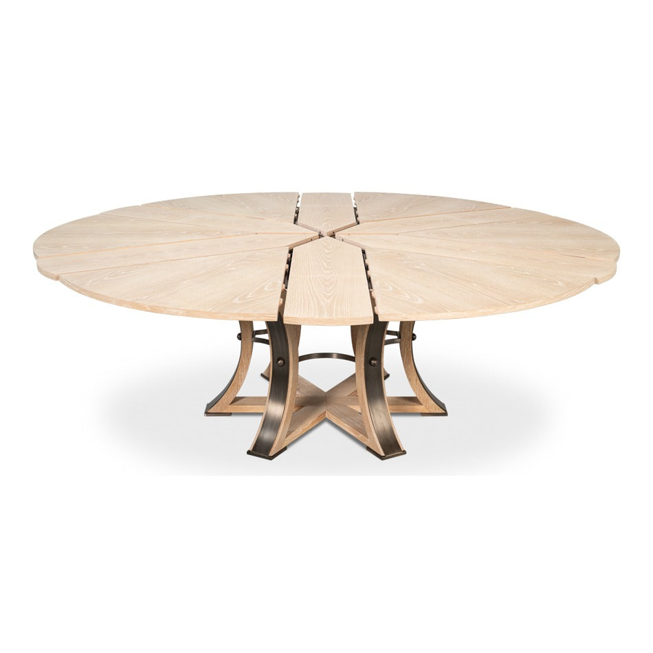 Transitional Round Jupe Dining Table, Large – Bleached Oak with Hammered Iron Base - additional view
