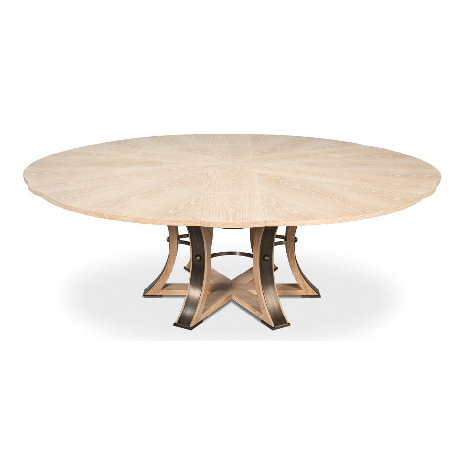 Transitional Round Jupe Dining Table, Large – Bleached Oak with Hammered Iron Base - additional view
