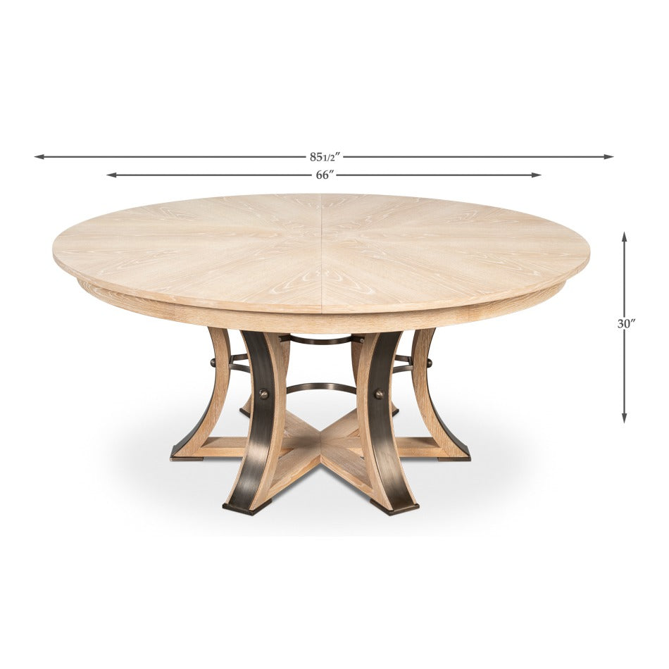 Transitional Round Jupe Dining Table, Large – Bleached Oak with Hammered Iron Base - dimension drawing