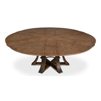 Transitional Round Jupe Dining Table, Large – Light Brown Oak with Hammered Iron Base - additional view
