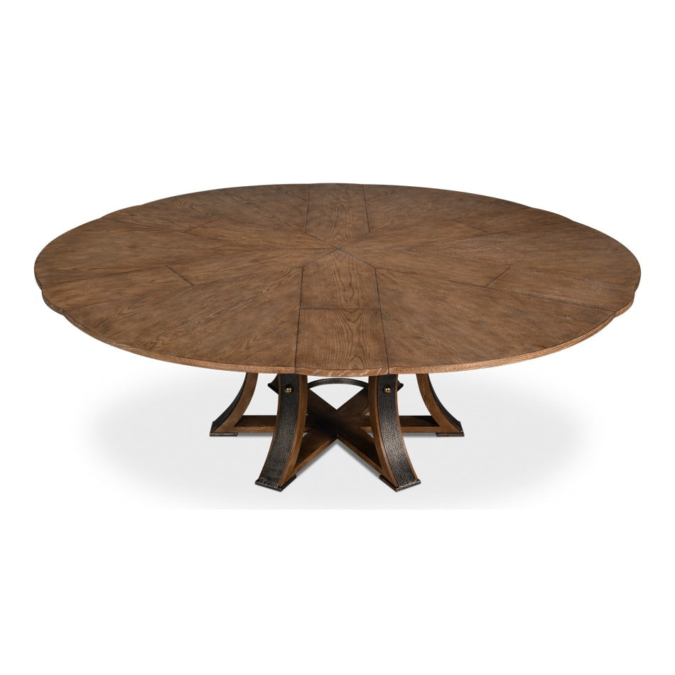 Transitional Round Jupe Dining Table, Large – Light Brown Oak with Hammered Iron Base - additional view