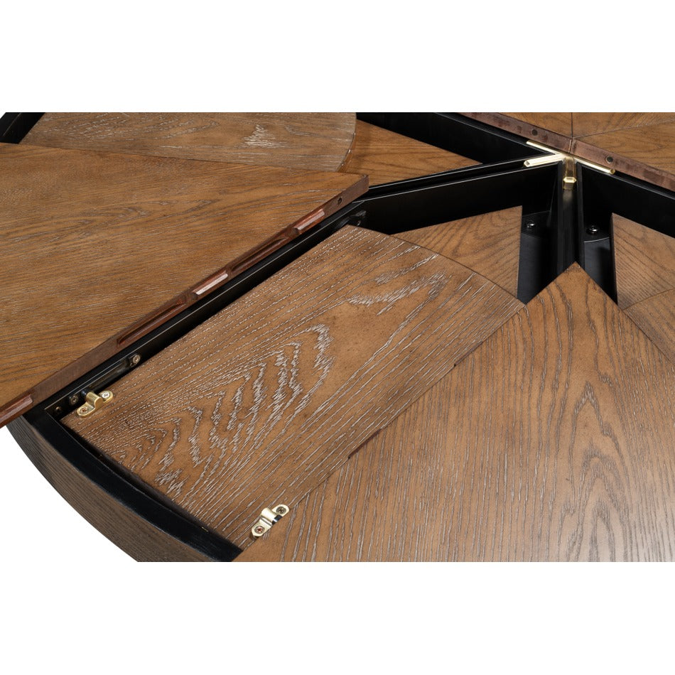 Transitional Round Jupe Dining Table, Large – Light Brown Oak with Hammered Iron Base - additional view