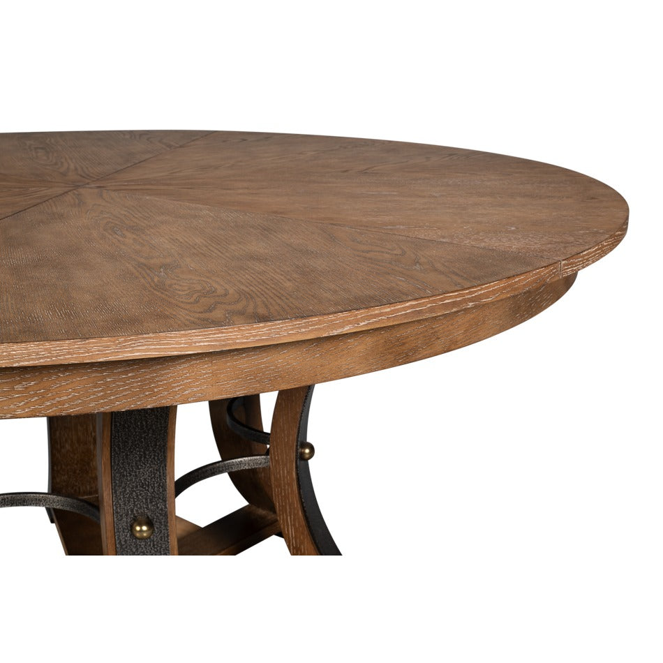 Transitional Round Jupe Dining Table, Large – Light Brown Oak with Hammered Iron Base - additional view