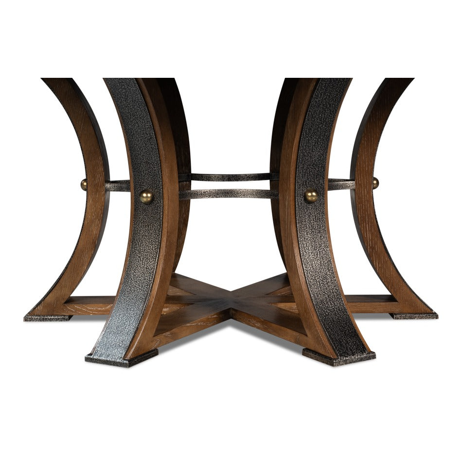 Transitional Round Jupe Dining Table, Large – Light Brown Oak with Hammered Iron Base - additional view