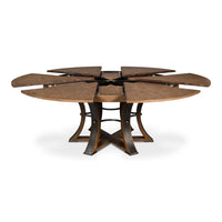 Transitional Round Jupe Dining Table, Large – Light Brown Oak with Hammered Iron Base - additional view