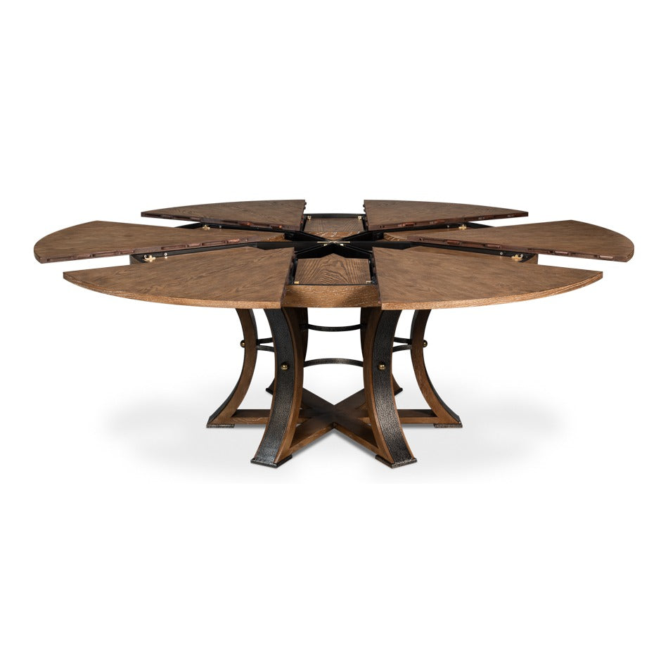 Transitional Round Jupe Dining Table, Large – Light Brown Oak with Hammered Iron Base - additional view