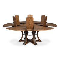 Transitional Round Jupe Dining Table, Large – Light Brown Oak with Hammered Iron Base - additional view