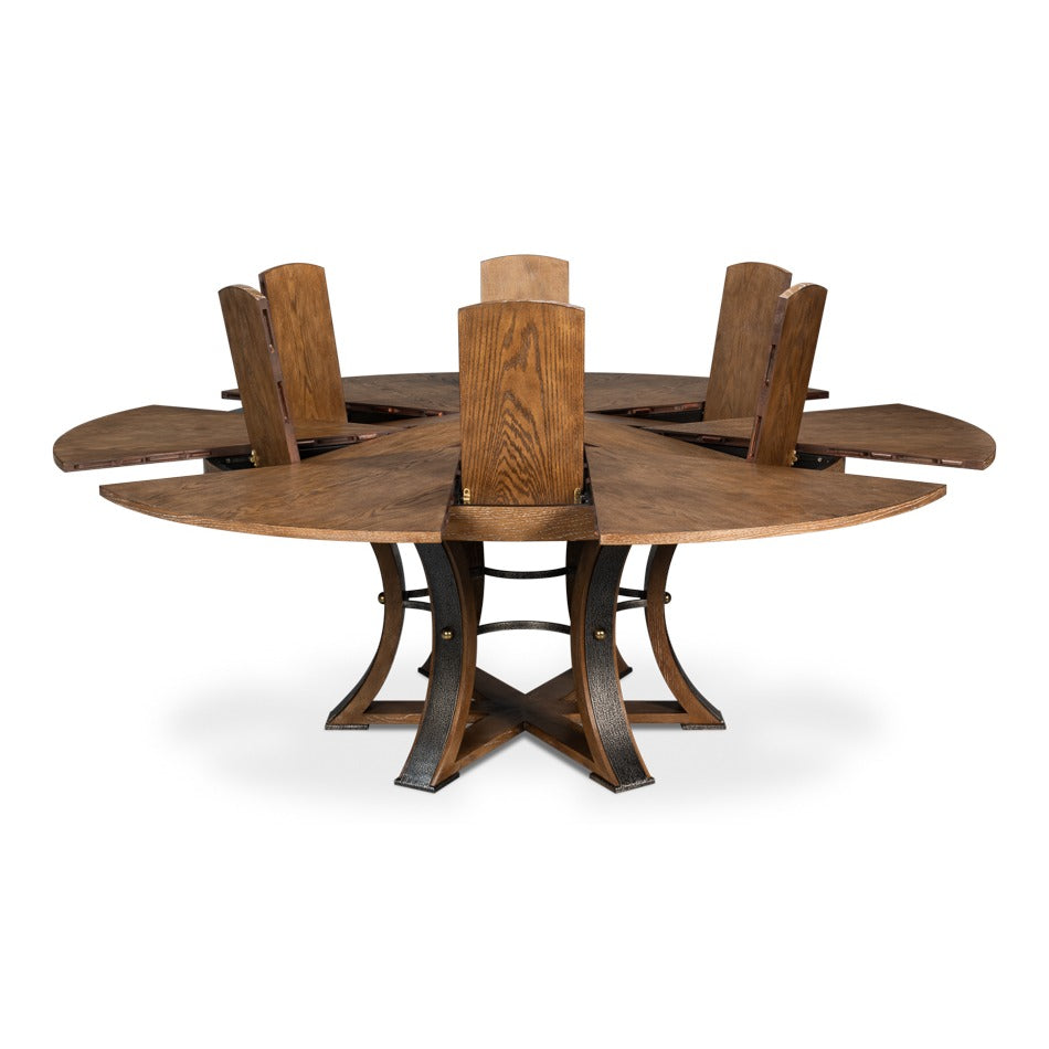 Transitional Round Jupe Dining Table, Large – Light Brown Oak with Hammered Iron Base - additional view