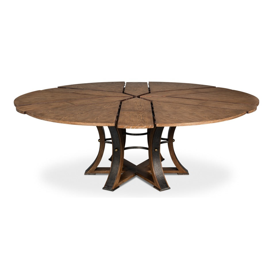 Transitional Round Jupe Dining Table, Large – Light Brown Oak with Hammered Iron Base - additional view