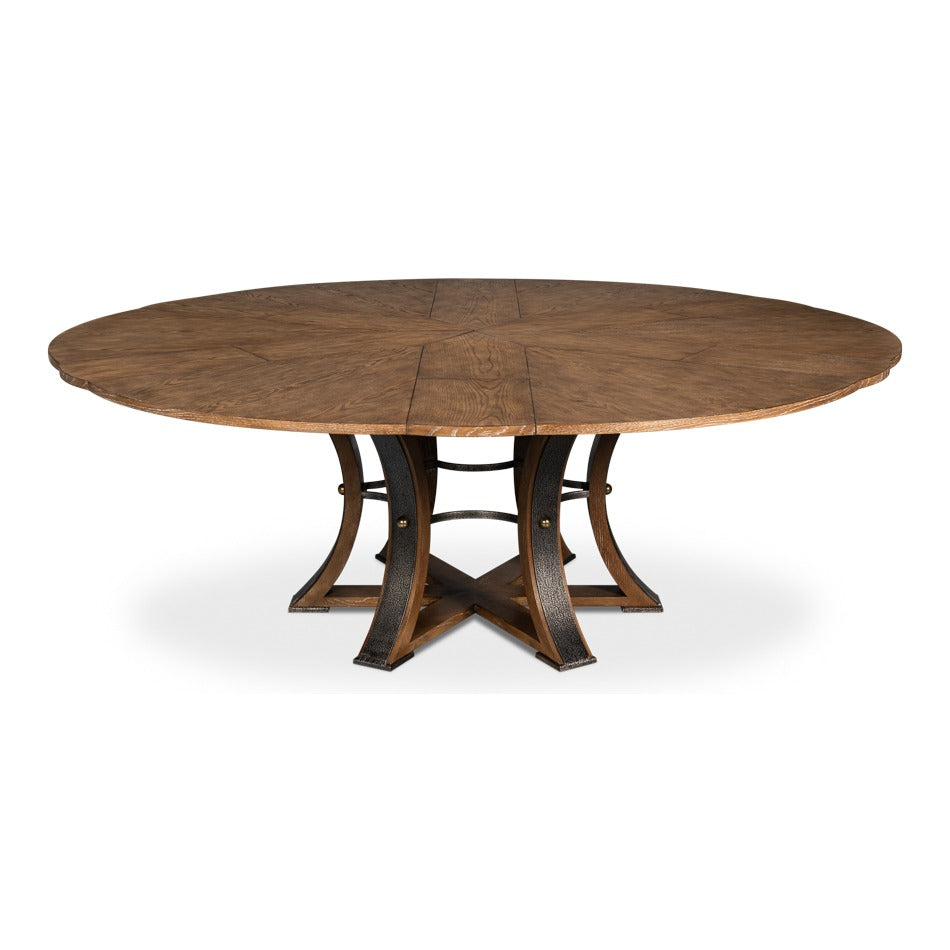 Transitional Round Jupe Dining Table, Large – Light Brown Oak with Hammered Iron Base - additional view