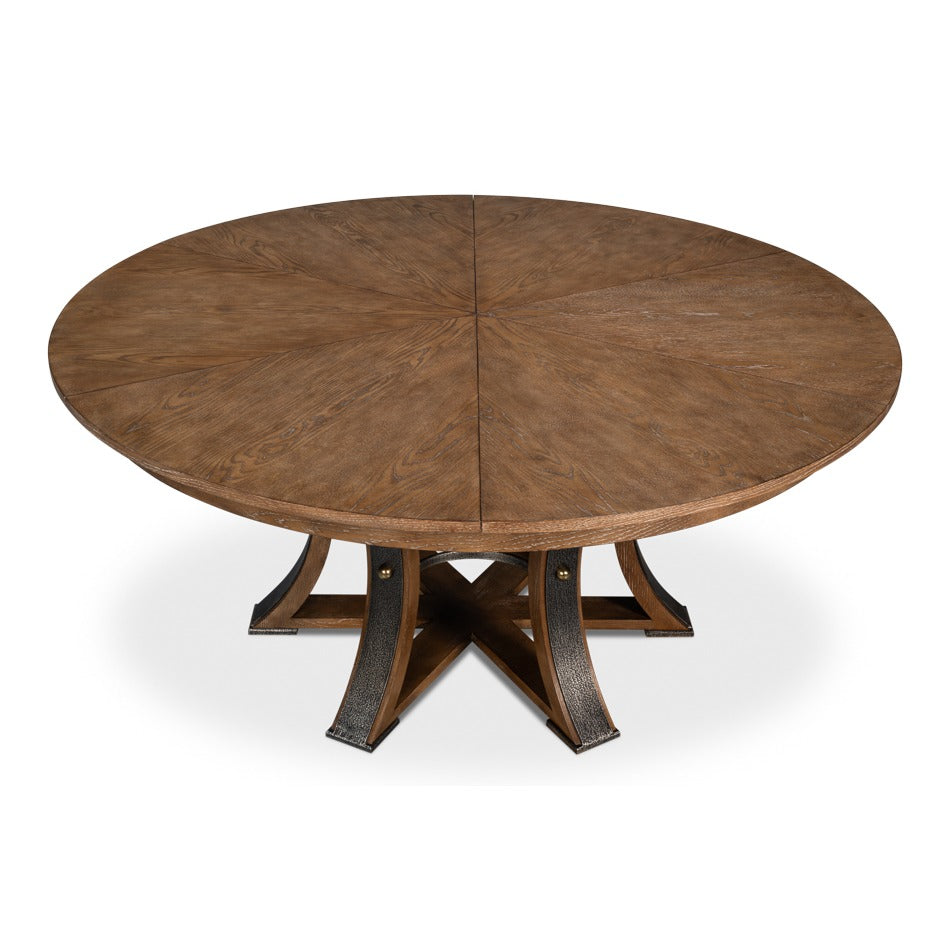Transitional Round Jupe Dining Table, Large – Light Brown Oak with Hammered Iron Base - additional view