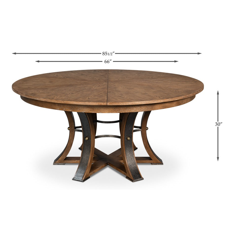 Transitional Round Jupe Dining Table, Large – Light Brown Oak with Hammered Iron Base - dimension drawing