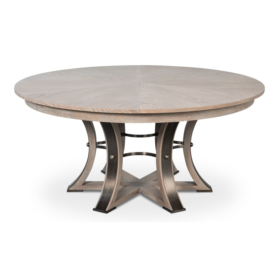 Transitional Round Jupe Dining Table, Large – Grey Oak with Hammered Iron Base – styled view