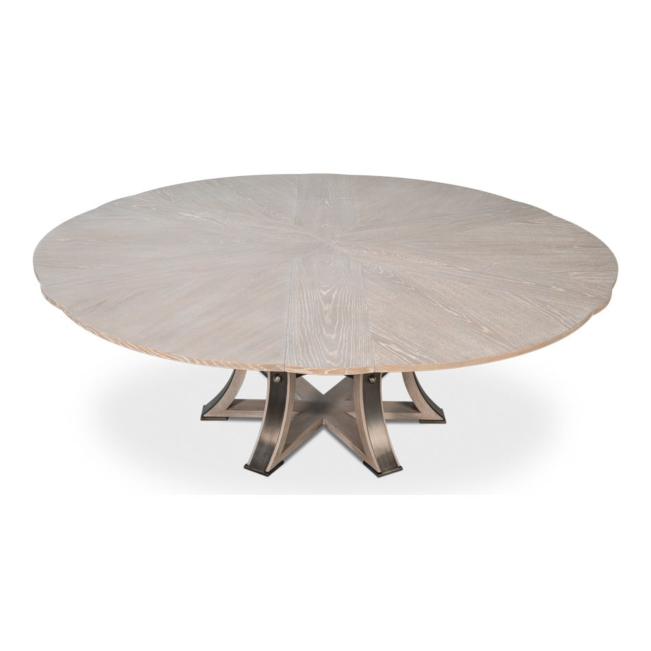 Transitional Round Jupe Dining Table, Large – Grey Oak with Hammered Iron Base - additional view