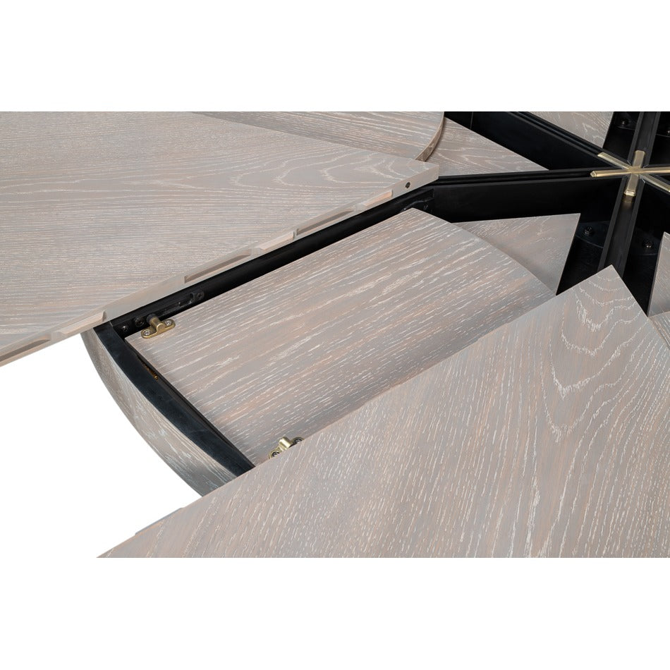 Transitional Round Jupe Dining Table, Large – Grey Oak with Hammered Iron Base - additional view
