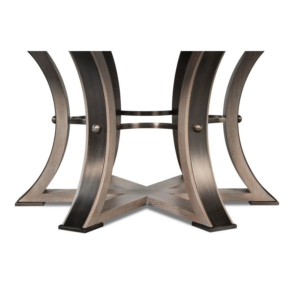 Transitional Round Jupe Dining Table, Large – Grey Oak with Hammered Iron Base - additional view