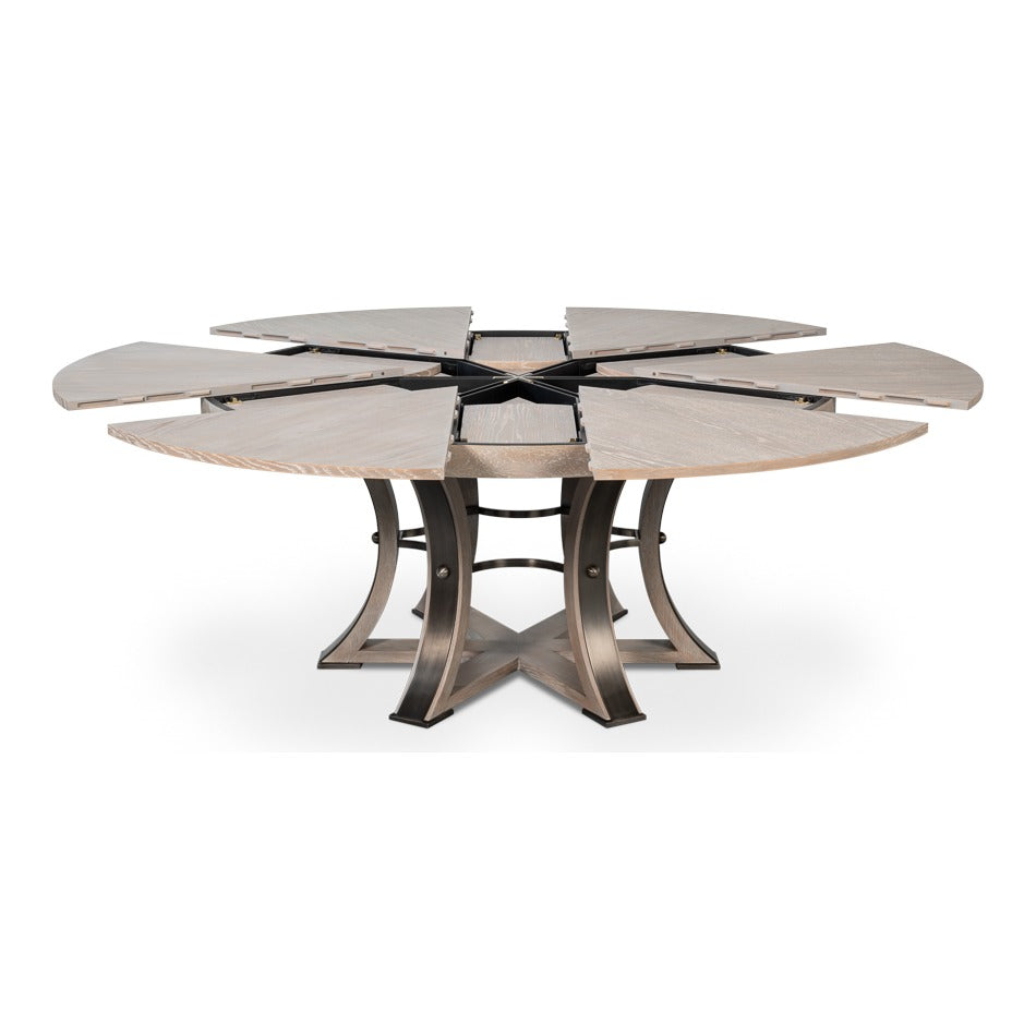 Transitional Round Jupe Dining Table, Large – Grey Oak with Hammered Iron Base - additional view