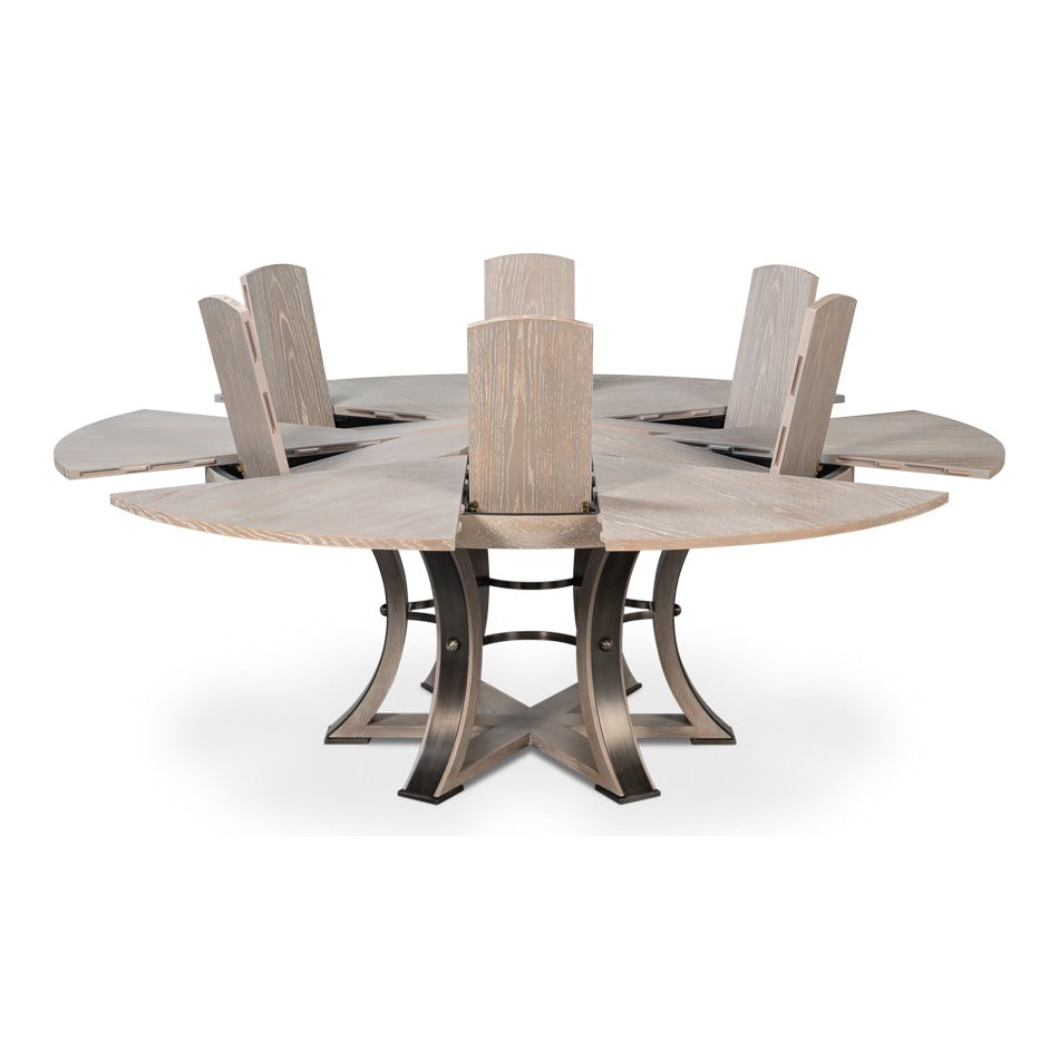 Transitional Round Jupe Dining Table, Large – Grey Oak with Hammered Iron Base - additional view