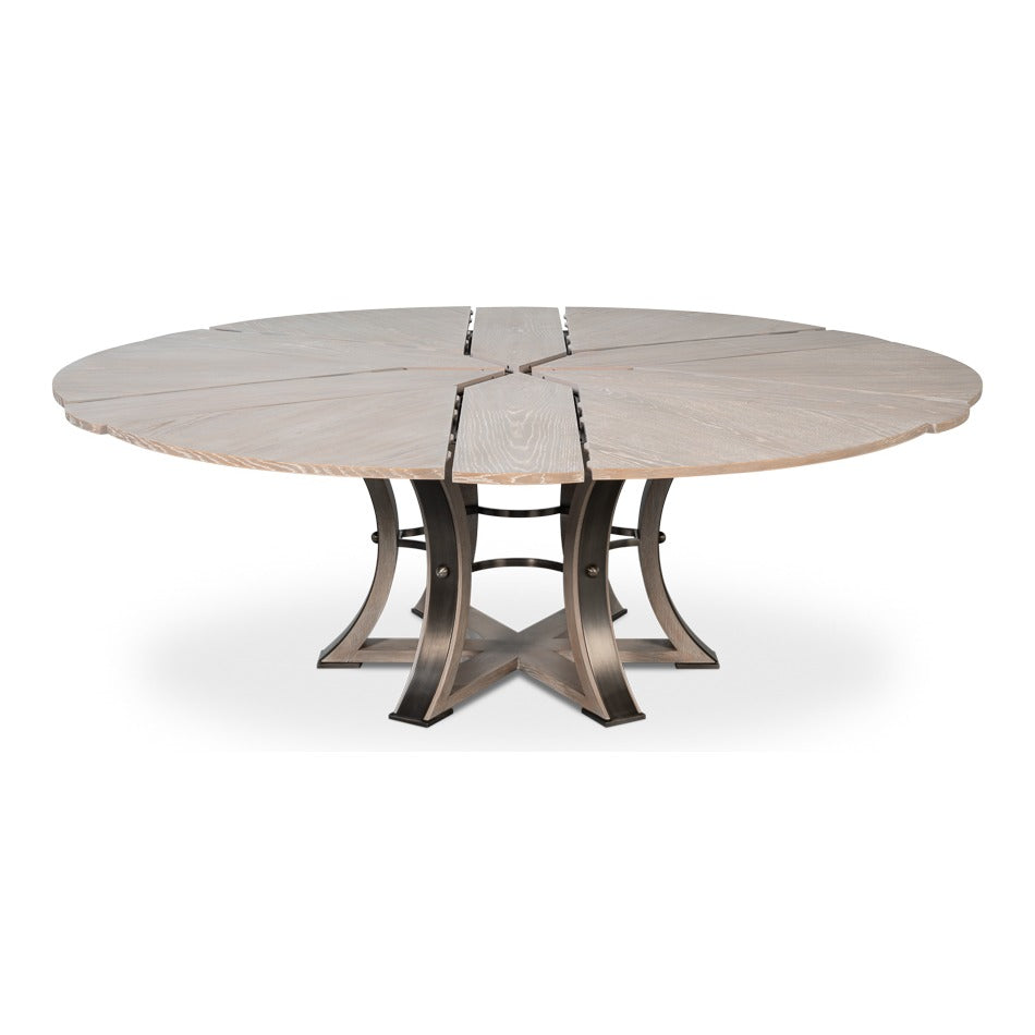 Transitional Round Jupe Dining Table, Large – Grey Oak with Hammered Iron Base - additional view