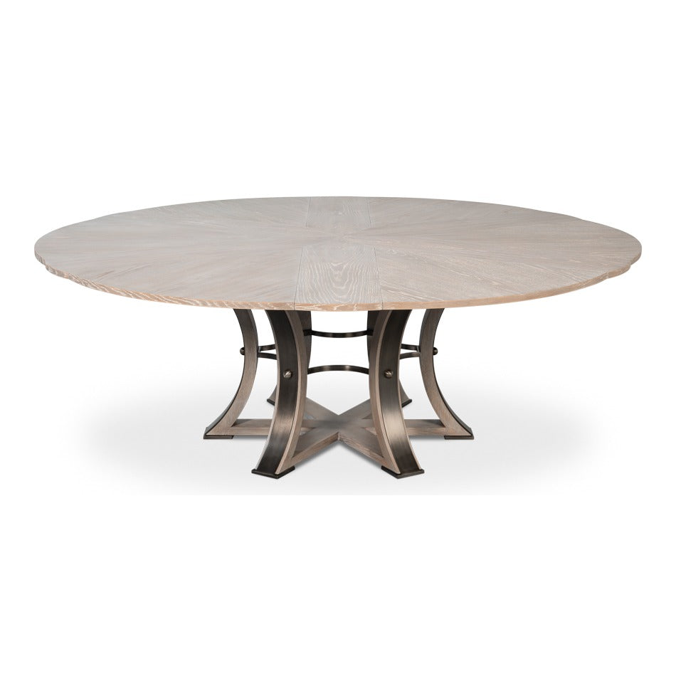 Transitional Round Jupe Dining Table, Large – Grey Oak with Hammered Iron Base - additional view