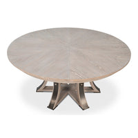 Transitional Round Jupe Dining Table, Large – Grey Oak with Hammered Iron Base - additional view