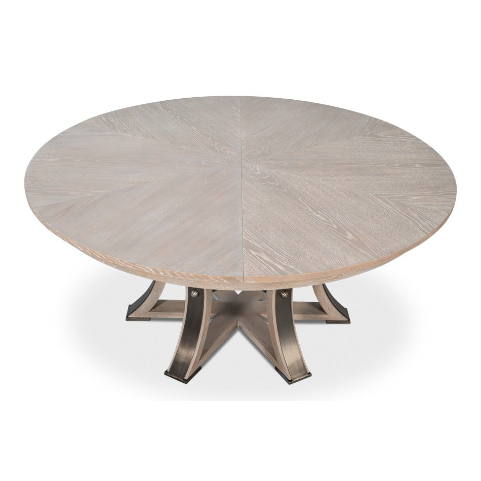 Transitional Round Jupe Dining Table, Large – Grey Oak with Hammered Iron Base - additional view