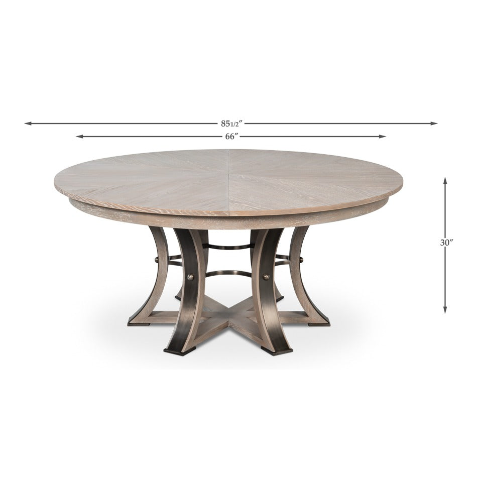Transitional Round Jupe Dining Table, Large – Grey Oak with Hammered Iron Base - dimension drawing
