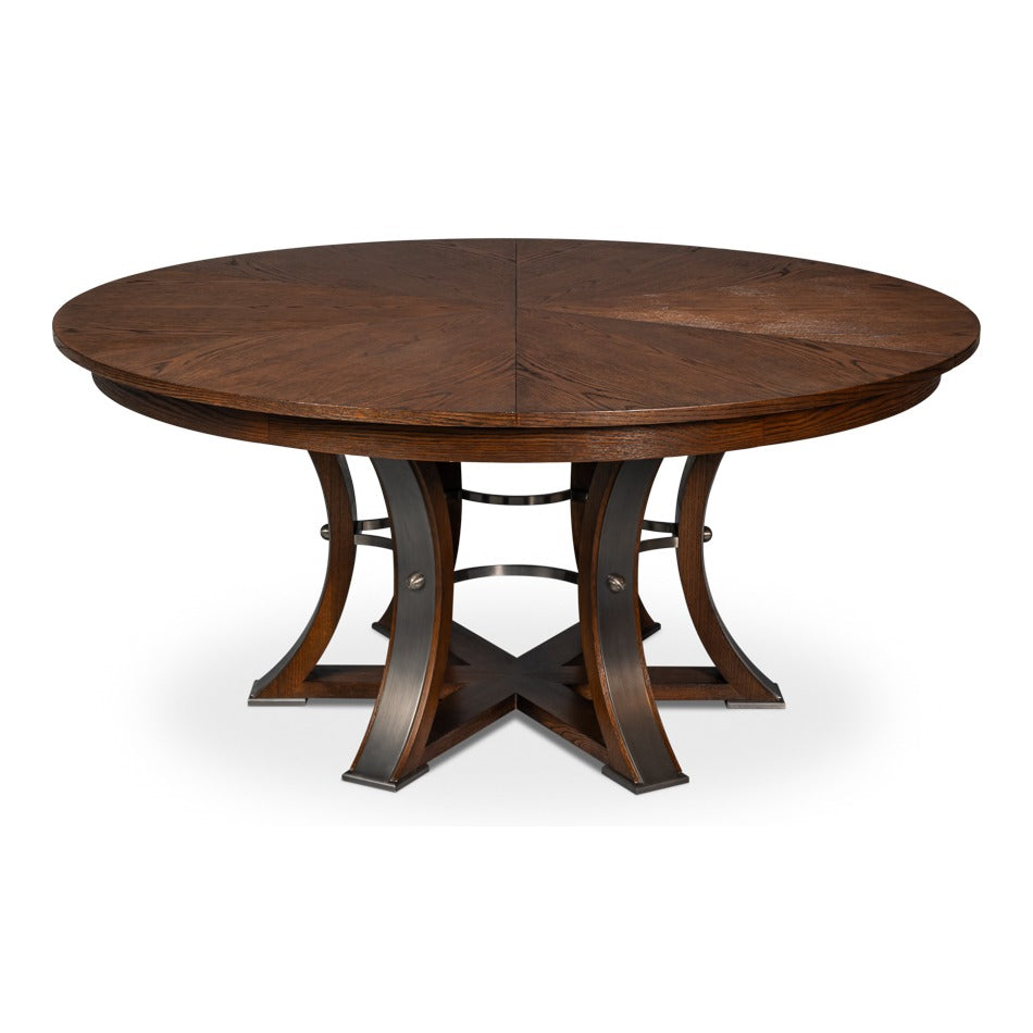 Transitional Round Jupe Dining Table, Large – Warm Brown Oak with Hammered Iron Base – styled view