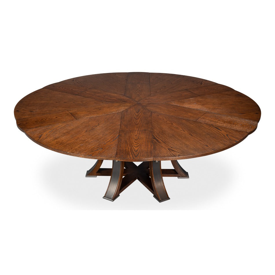 Transitional Round Jupe Dining Table, Large – Warm Brown Oak with Hammered Iron Base - additional view