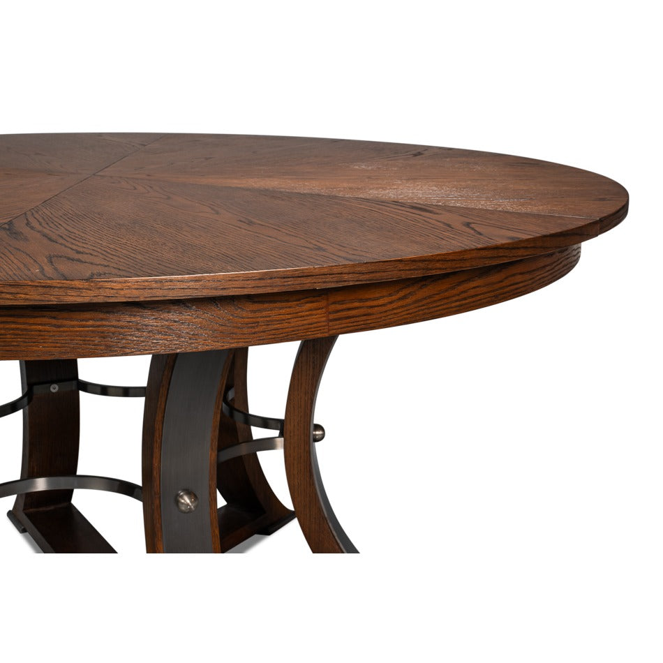 Transitional Round Jupe Dining Table, Large – Warm Brown Oak with Hammered Iron Base - additional view
