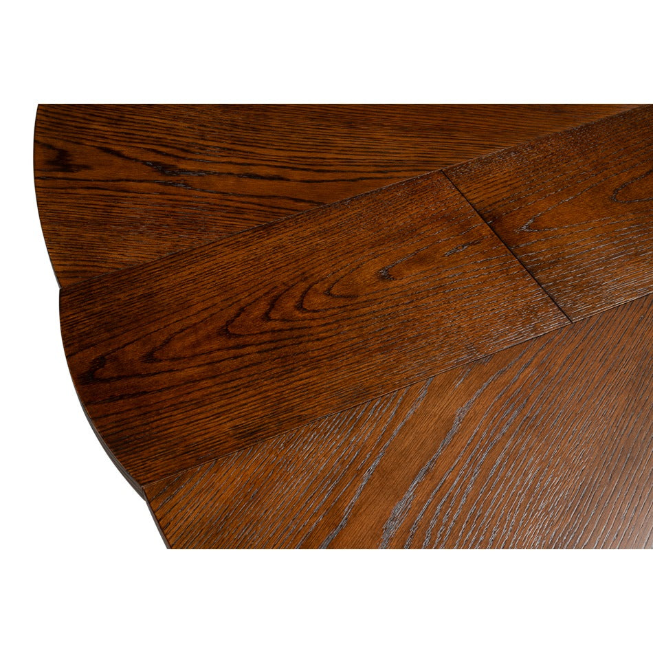 Transitional Round Jupe Dining Table, Large – Warm Brown Oak with Hammered Iron Base - additional view