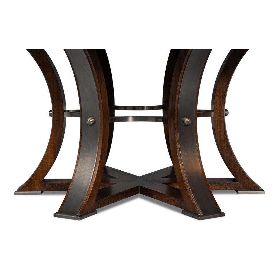 Transitional Round Jupe Dining Table, Large – Warm Brown Oak with Hammered Iron Base - additional view